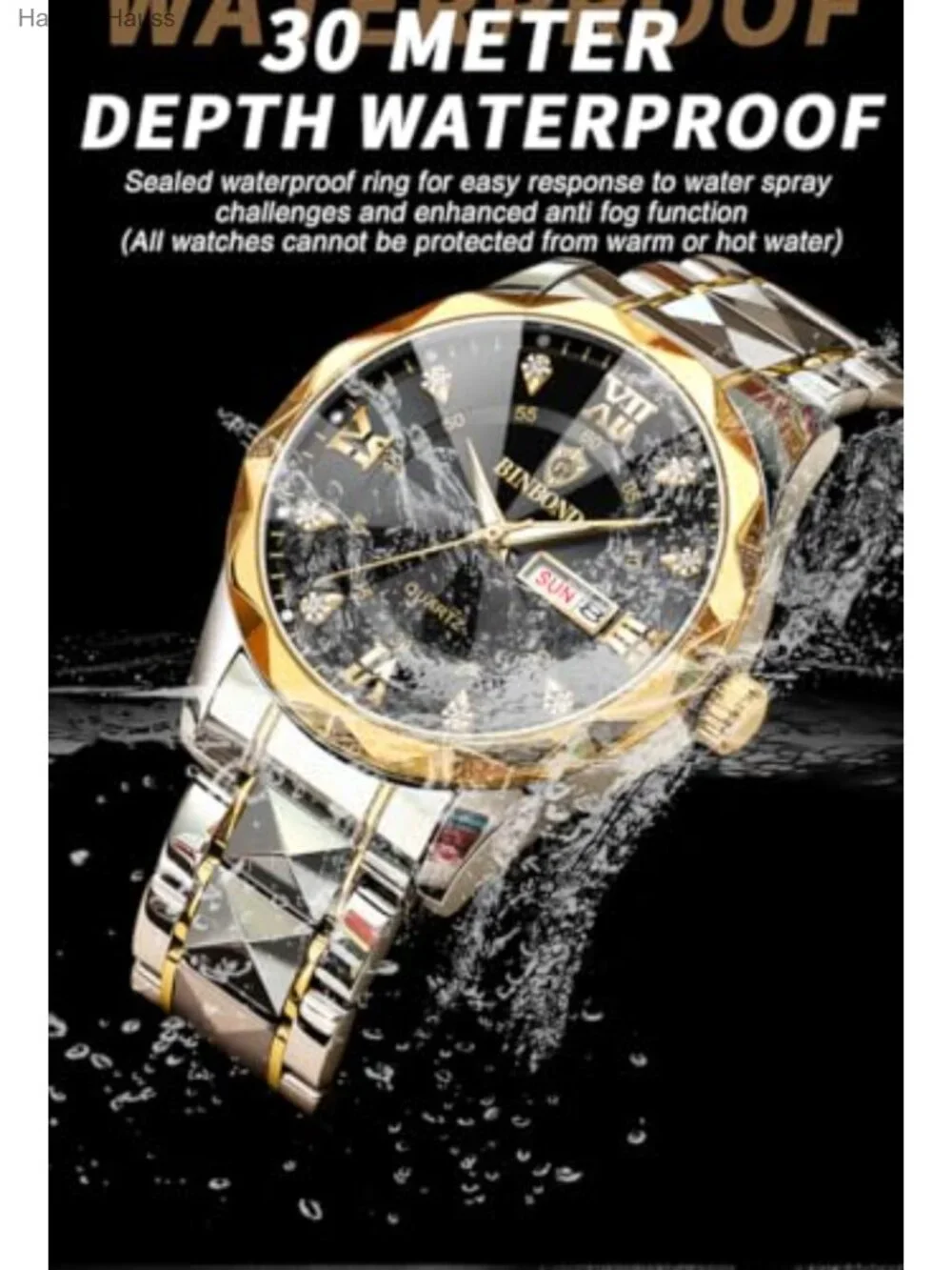 Men's Business Diamond Stainless Steel Quartz Watch Day-Date Calendar Roman